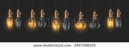 On and off lightbulbs 3d realistic vector illustration set. Lighting equipment assortment design. Edison lamps on dark background