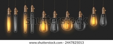 On and off lightbulbs 3d realistic vector illustration set. Lighting equipment assortment design. Edison lamps on dark background