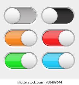 On and Off long oval icons. Gray and colored switch interface buttons. Vector 3d illustration