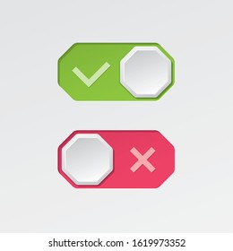 On and Off Octagonal Toggle Switch Buttons with Check Marks Modern Devices User Interface Mockup or Template - Green and Red on White Background - Vector Gradient Graphic  Design