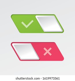 On and Off Parallelogram Toggle Switch Buttons with Check Marks Modern Devices User Interface Mockup or Template - Green and Red on White Background - Vector Gradient Graphic  Design
