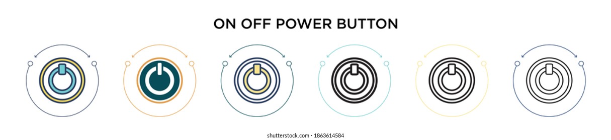 Icono del botón de encendido apagado en el estilo relleno, delgado, contorno y trazo. Ilustración vectorial de dos iconos vectoriales coloreados y negros apagados se pueden utilizar para móviles, ui, web
