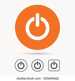 On, off power icon. Energy switch symbol. Orange circle button with web icon. Star and square design. Vector