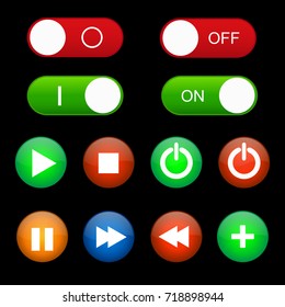 ON OFF Power play stop pause Button Vector Set For Media Web or Application with black background
