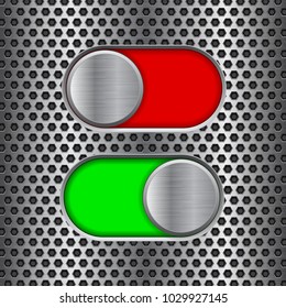 On and Off round slider buttons. Red and green metal switch interface buttons on perforated background. Vector 3d illustration