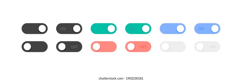 On Off set slider. Vector flat illustration. Button. Collection color template buttons for mobile app or web design on white background.