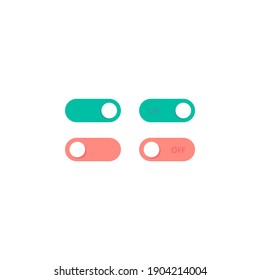 On Off set slider. Vector flat illustration. Button. Collection template buttons, green - on, red - off for mobile app or web design on white background.