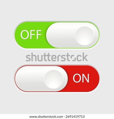 On and Off slider buttons. 3D red and green switch interface buttons on light background. Open and close UI icons. Active and inactive icon. Toggle buttons ON OFF. Vector illustration