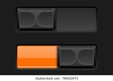 On and off slider buttons. Black and orange buttons. Vector 3d illustration
