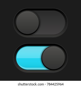 On and off slider buttons. Blue and black oval buttons. Vector 3d illustration