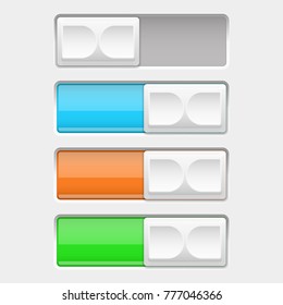 On and off slider buttons. Off and On colored square buttons. Vector 3d illustration