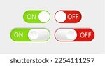 On and Off slider buttons. Red and green switch interface buttons. Vector