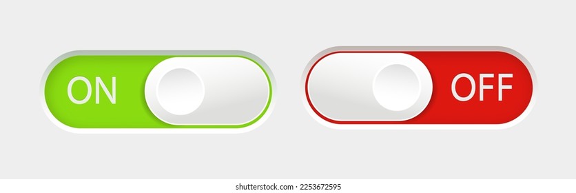 On and Off slider buttons. Red and green switch interface buttons. Vector