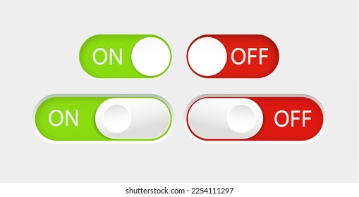 On and Off slider buttons. Red and green switch interface buttons. Vector