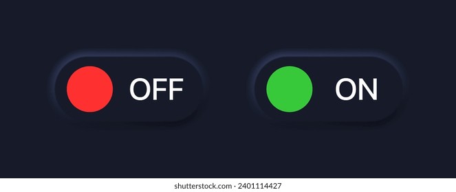 On Off slider icons. Flat, color, on button, off button, dark background, isolated on off sliders icons. Vector icons