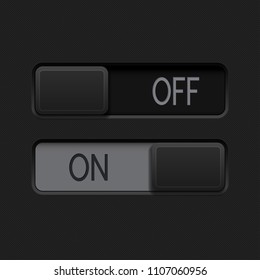 On and Off slider switch buttons. Black 3d rectangle icons. Vector illustration