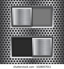 On and Off square slider buttons. Metal switch interface buttons on perforated background. Vector 3d illustration