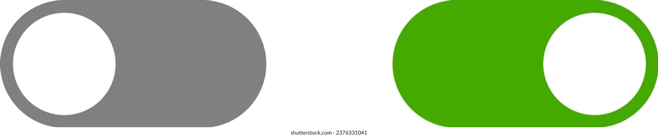 On Off Switch Button Slider Toggle Gray and Green Icon Set. Vector Image.