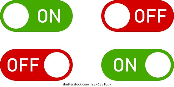 On Off Switch Button Slider Toggle Green and Red Icon Set. Vector Image.