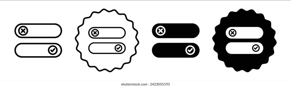 Apague el control deslizante del botón del interruptor de alternancia ajustada en color blanco y negro. Activación del deslizador para alternar un vector de icono plano simple