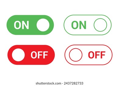 Activación y desactivación del conjunto de iconos de botones de conmutación. Activa los botones vectoriales de alternancia para diseños de interfaz de usuario de aplicaciones y web. Control deslizante o alternar. Verde y rojo