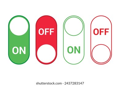 Activación y desactivación del conjunto de iconos de botones de conmutación. Activa los botones vectoriales de alternancia para diseños de interfaz de usuario de aplicaciones y web. Control deslizante o alternar. Verde y rojo