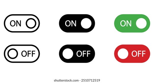 On off switch buttons icon set. Power toggle vector buttons for web and app UI designs. Slider or toggle. Black, white, green, red