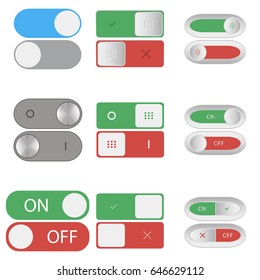 On and Off switch buttons. Set of Include and shutdown toggle sliders. Element of design for applications, websites, computer and smartphone programs. Vector illustration.