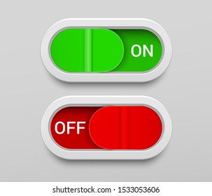 On and Off switch buttons template with green and red toggles in rounded rectangle shapes in realistic style. Isolated vector illustration