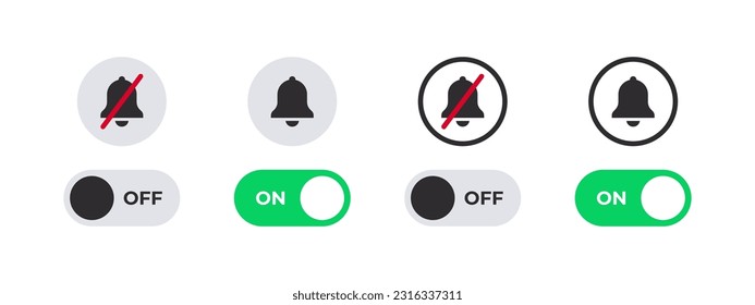 On and Off switch icons. Enable or disable notifications. Vector scalable graphics