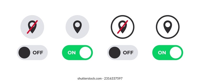 On and Off switch icons. Enable or disable geolocation. Vector scalable graphics
