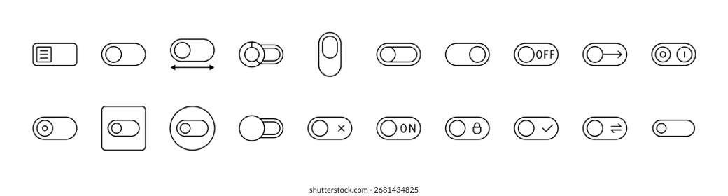 Encendido/apagado, paquete de iconos de línea de interruptor. Signos de contorno para gráficos y Diseño web, App, anuncios, varias tarjetas 