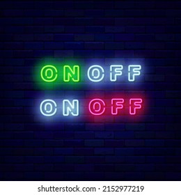 On off switch neon sign set. User navigation element. Shiny effect banner. Text on brick wall. Luminous label. Editable stroke. Vector stock illustration