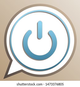 On Off switch sign. Bright cerulean icon in white speech balloon at pale taupe background. Illustration.