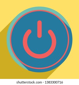 On Off switch sign. Sunset orange icon with llapis lazuli shadow inside medium aquamarine circle with different goldenrod shadow at royal yellow background.