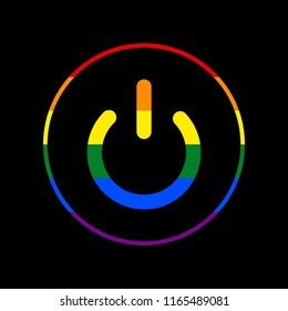 On Off switch sign. Vector. Icon with colors of LGBT flag at black background.