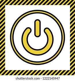 On Off switch sign. Vector. Warm yellow icon with black contour in frame named as under construction at white background. Isolated.