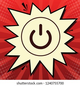 On Off switch sign. Vector. Dark red icon in lemon chiffon shutter bubble at red popart background with rays.