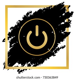 On Off switch sign. Vector. Golden icon at black spot inside golden frame on white background.