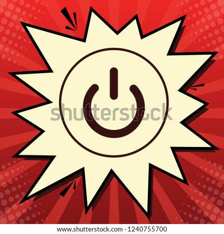 On Off switch sign. Vector. Dark red icon in lemon chiffon shutter bubble at red popart background with rays.