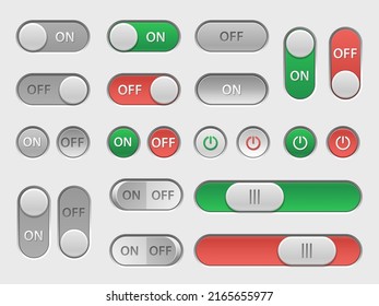 On off switch. User interface toggles and sliders touch elements, web site and phone application round buttons. Vector control panel and settings UI set. Modern device template elements