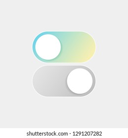 On Off Switch. Vector Switcher for Phone Screens. Toggle Element for Mobile App, Web Design, Animation. Gradient Button for Website. Material Design. Flat Style.