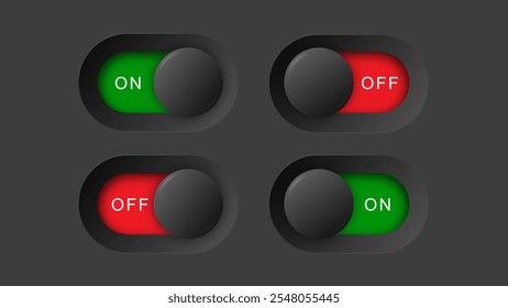 on off switches with 3d effect with red and green background, vector illustration