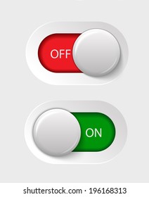 on - off switches, white with 3d effect, with red and green background, vector illustration, eps 10 with transparency