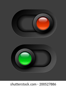 on - off switches, white with 3d effect, with red and green led light, vector illustration, eps 10 with transparency