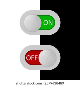 On Off switches, white with 3d effect, with red and green background, vector illustration