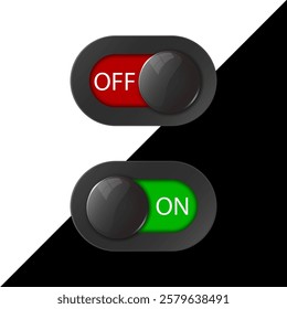 On Off switches, white with 3d effect, with red and green background, vector illustration