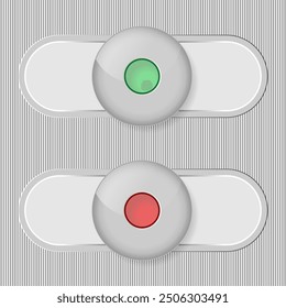 On - Off switches, white plastic with 3d effect, with red and green buttons, vector illustration