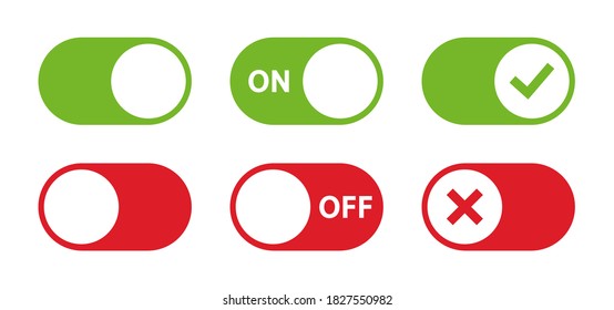 On and Off, Tick and Cross toggle switch buttons. Switch vector icon. Check mark. Vector illustration. svg