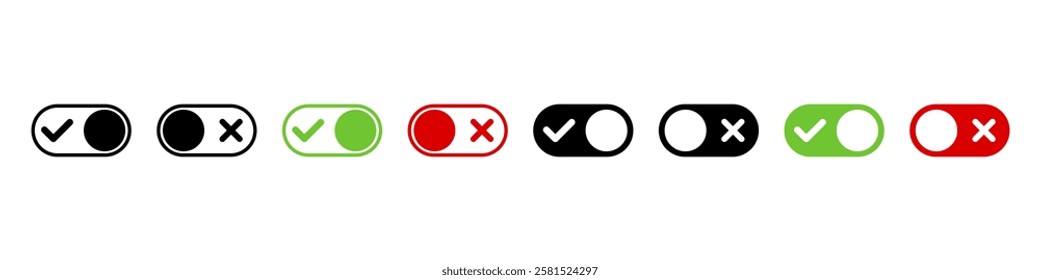 On and Off toggle switch button icons set. Setting control toggle ON OFF, switch buttons. 
